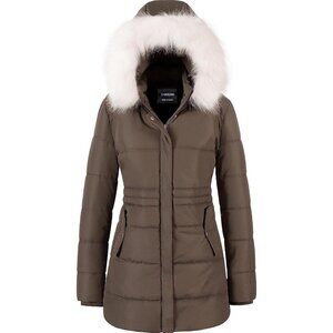 Women's Snow Puffer Jacket Coats Dark Brown Waterproof Removable Faux Trim Hood